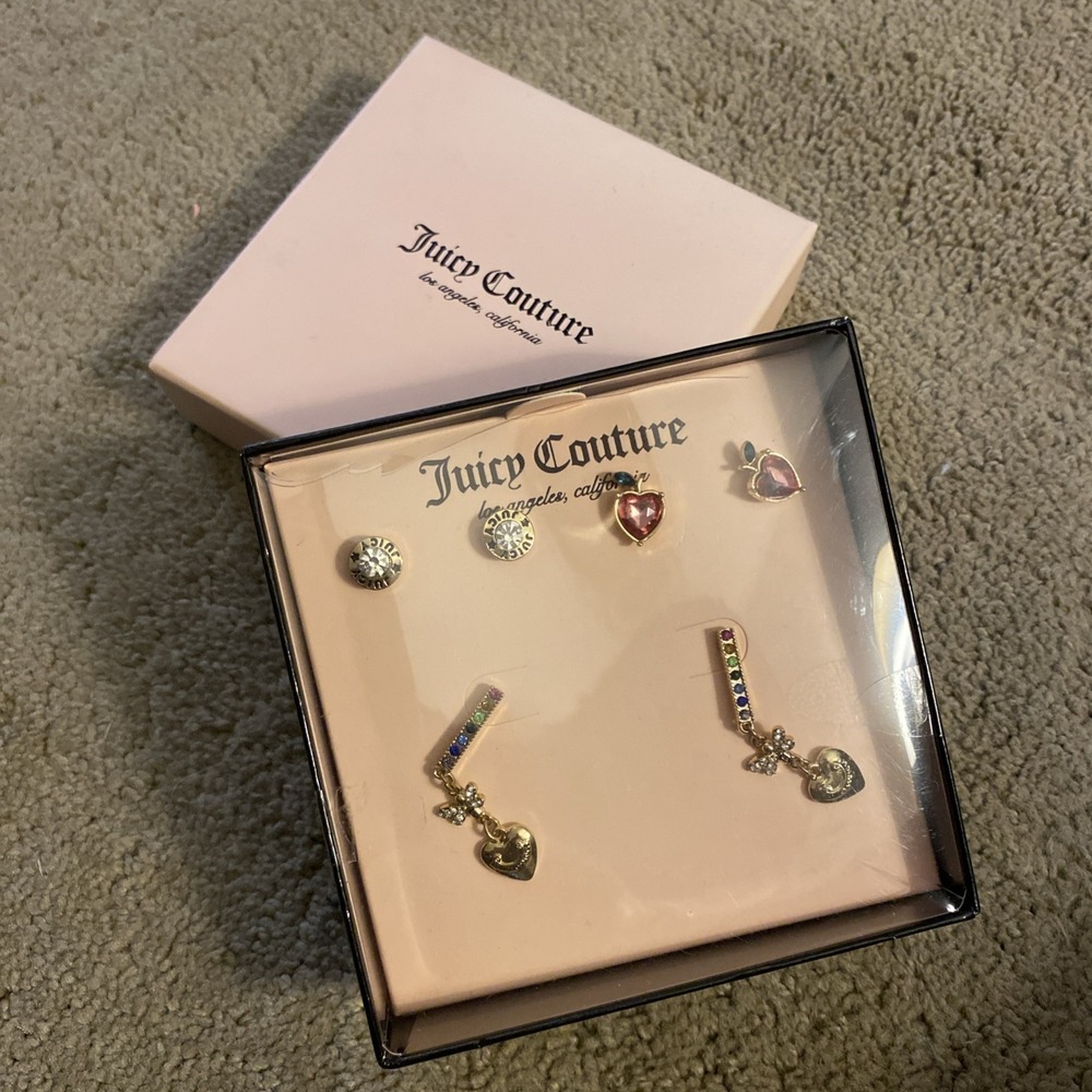 NWOT JUICY COUTURE EARRING SET OF 3 PAIR APPLE/JUICY/RAINBOW DANGLE GOLDTONE - Picture 1 of 12
